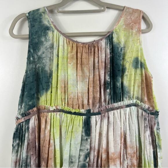 Babydoll Tie Dyed Easel Swiss Dot Tiered Mini Dress Small Boho Hippie Cottage - Picture 9 of 14